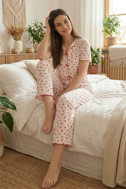 Fiyonk Detay Yumuşak Kısa Kol Pijama Takım Çilek