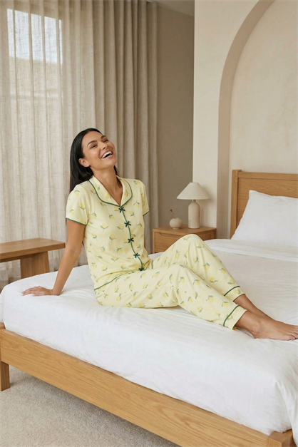 Fiyonk Detay Yumuşak Kısa Kol Pijama Takım Limon