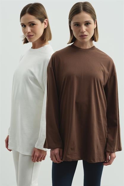 Geniş Kol Oversize 2li Paket T-Shirt 964 Kahve/Ekru