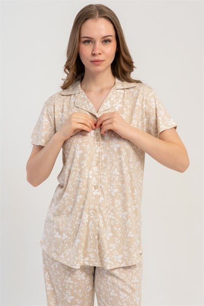 Gömlek Yaka Önden Düğmeli Pijama Takımı Bej-512180