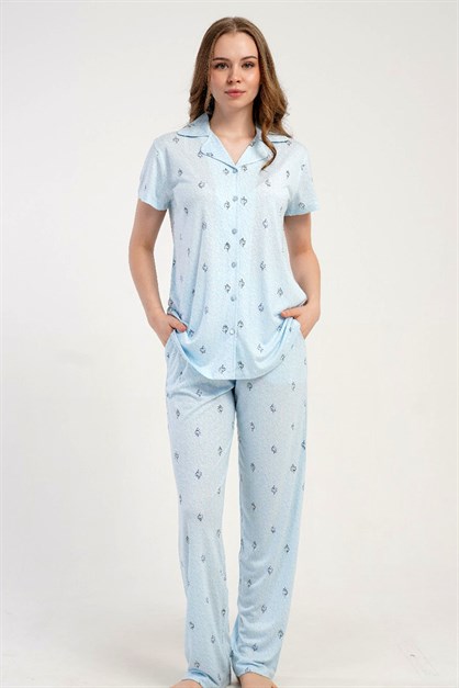 Gömlek Yaka Önden Düğmeli Pijama Takımı Açık Mavi-512228