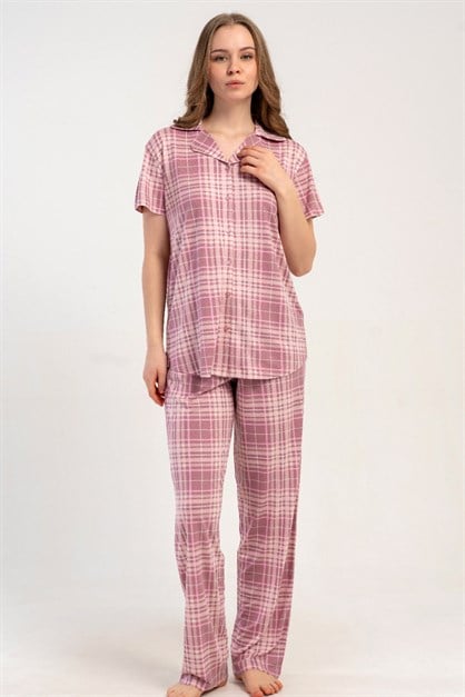 Gömlek Yaka Önden Düğmeli Pijama Takımı Pembe-512196
