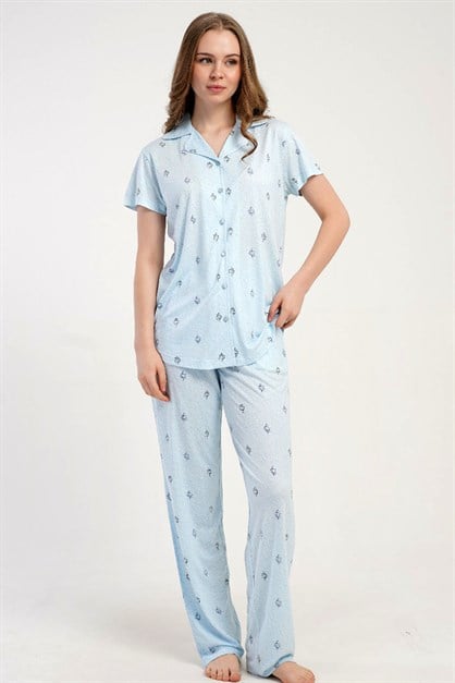 Gömlek Yaka Önden Düğmeli Pijama Takımı Açık Mavi-512228