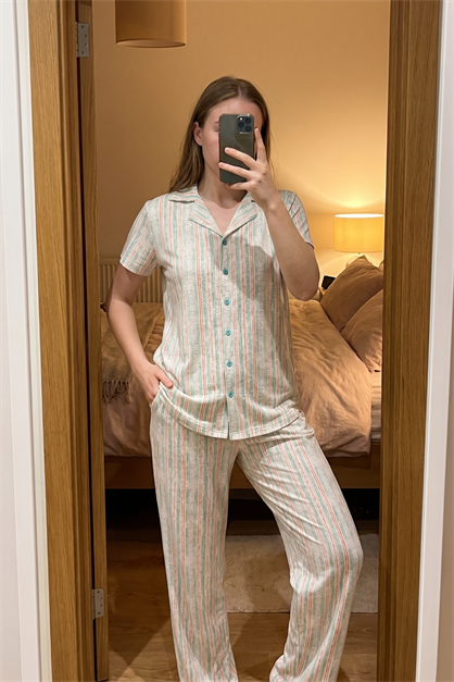 Gömlek Yaka Önden Düğmeli Pijama Takımı Açık Yeşil-512176
