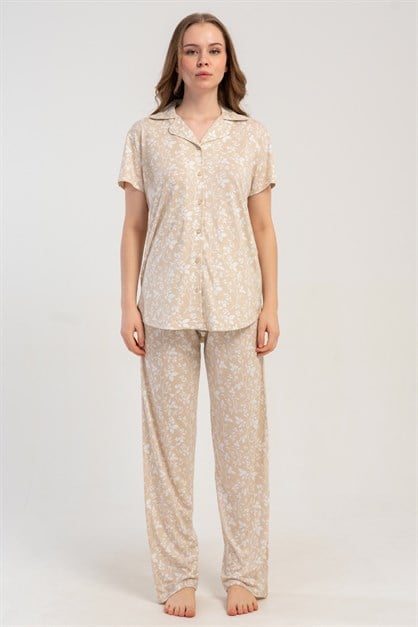 Gömlek Yaka Önden Düğmeli Pijama Takımı Bej-512180