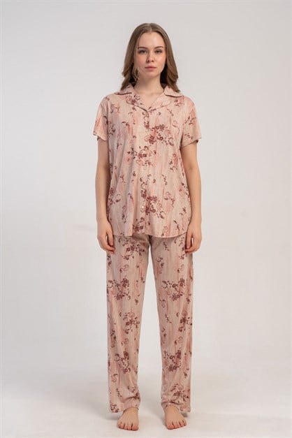 Gömlek Yaka Önden Düğmeli Pijama Takımı Krem-512244