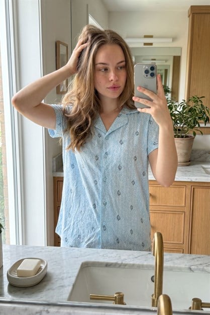 Gömlek Yaka Önden Düğmeli Pijama Takımı Açık Mavi-512228