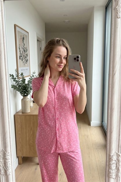 Gömlek Yaka Önden Düğmeli Pijama Takımı Pembe-512184