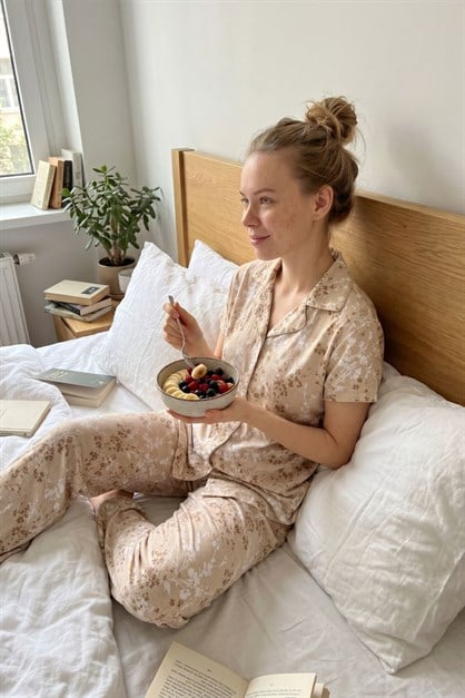 Gömlek Yaka Önden Düğmeli Pijama Takımı Açık Kahve-512236