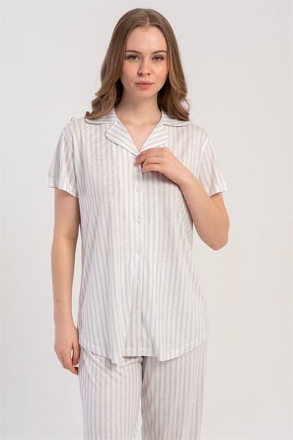 Gömlek Yaka Önden Düğmeli Pijama Takımı Gri-512220