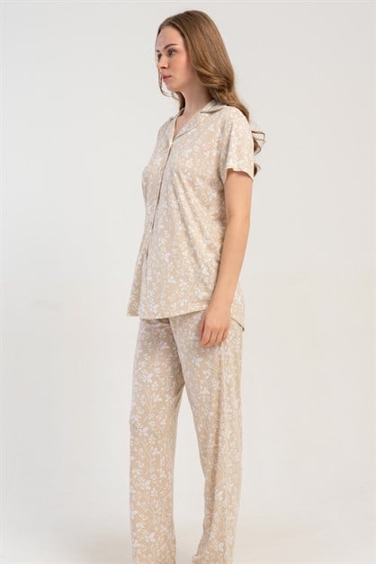 Gömlek Yaka Önden Düğmeli Pijama Takımı Bej-512180