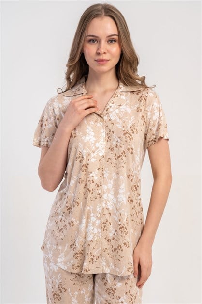 Gömlek Yaka Önden Düğmeli Pijama Takımı Açık Kahve-512236