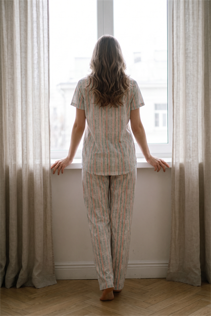 Gömlek Yaka Önden Düğmeli Pijama Takımı Açık Yeşil-512176