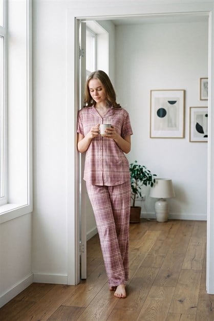 Gömlek Yaka Önden Düğmeli Pijama Takımı Pembe-512196