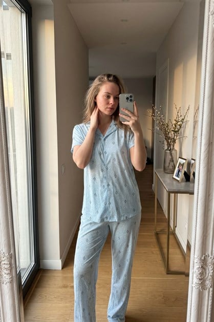 Gömlek Yaka Önden Düğmeli Pijama Takımı Açık Mavi-512228
