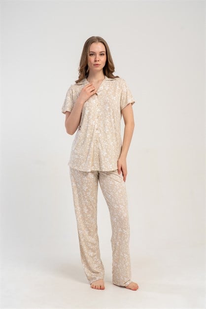 Gömlek Yaka Önden Düğmeli Pijama Takımı Bej-512180