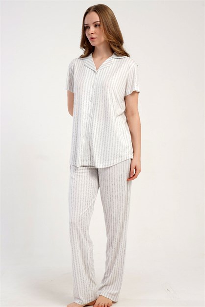 Gömlek Yaka Önden Düğmeli Pijama Takımı Gri-512220