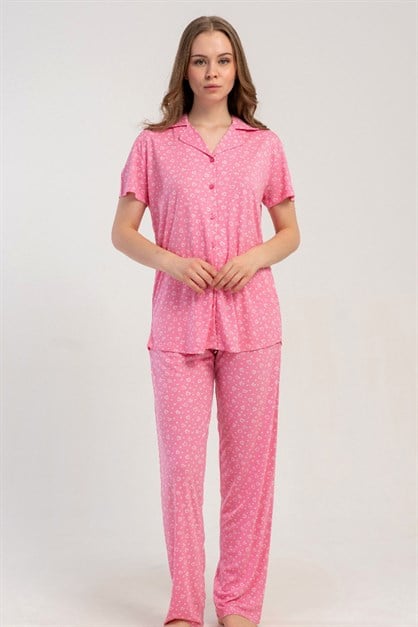 Gömlek Yaka Önden Düğmeli Pijama Takımı Pembe-512184