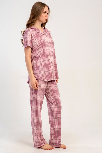 Gömlek Yaka Önden Düğmeli Pijama Takımı Pembe-512196
