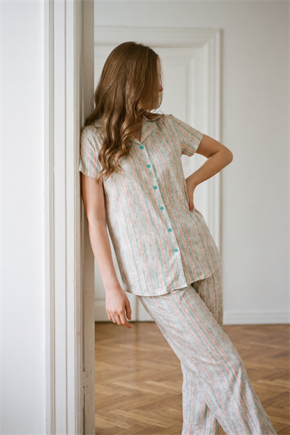 Gömlek Yaka Önden Düğmeli Pijama Takımı Açık Yeşil-512176