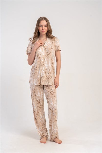 Gömlek Yaka Önden Düğmeli Pijama Takımı Açık Kahve-512236