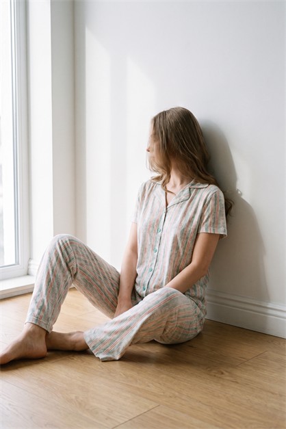 Gömlek Yaka Önden Düğmeli Pijama Takımı Açık Yeşil-512176