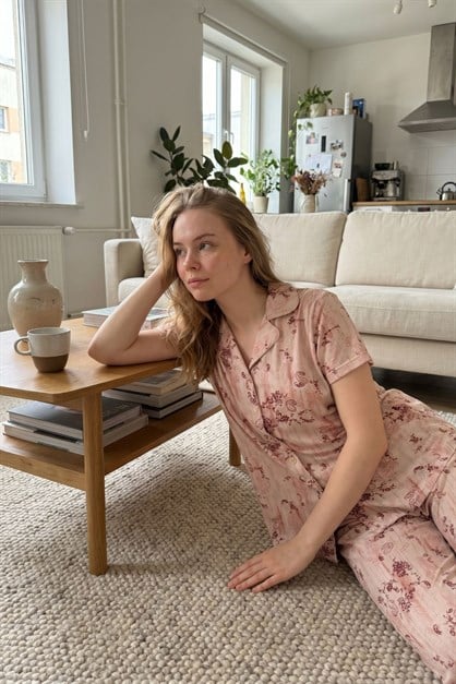 Gömlek Yaka Önden Düğmeli Pijama Takımı Krem-512244
