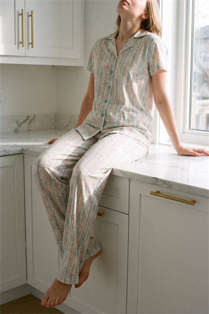 Gömlek Yaka Önden Düğmeli Pijama Takımı Açık Yeşil-512176