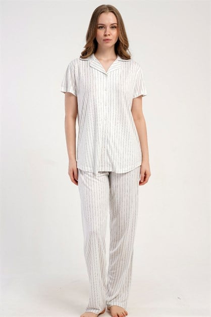 Gömlek Yaka Önden Düğmeli Pijama Takımı Gri-512220