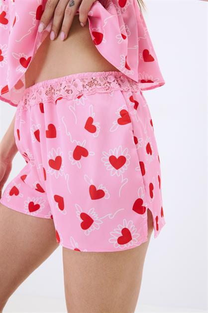 İp Askılı Kalpli Dantel Detaylı Saten Pijama Takımı 030 Pembe
