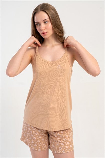 İp Askılı Şortlu Pijama Takımı Açık Kahve-512195