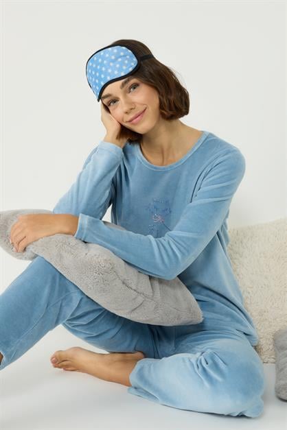 Velvet Crew Neck Long Sleeve Pajama Set With Pockets 403091
