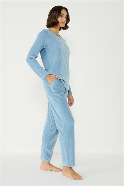 Velvet Crew Neck Long Sleeve Pajama Set With Pockets 403091