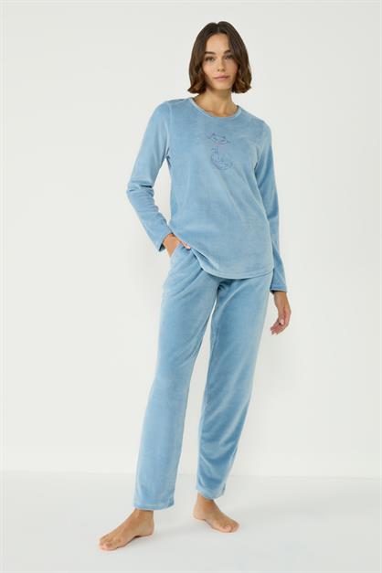 Velvet Crew Neck Long Sleeve Pajama Set With Pockets 403091