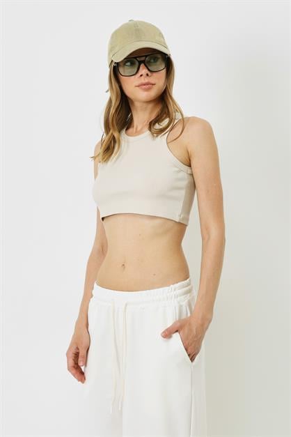 Womens Halter Neck Ribbed Stretch Mini Crop Tank Top 924