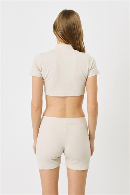 Womens Short Sleeve Crew Neck Crop Ribbed Blouse 922