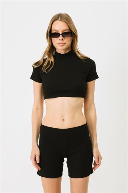 Womens Short Sleeve Crew Neck Crop Ribbed Blouse 922