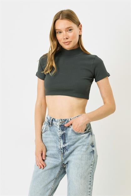 Womens Short Sleeve Crew Neck Crop Ribbed Blouse 922