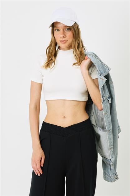 Womens Short Sleeve Crew Neck Crop Ribbed Blouse 922