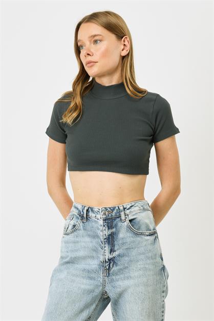 Womens Short Sleeve Crew Neck Crop Ribbed Blouse 922