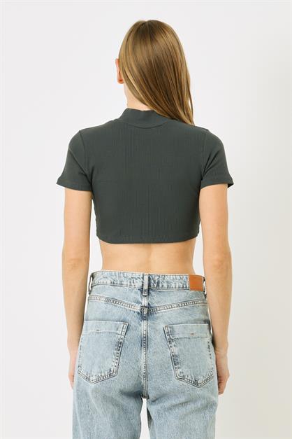 Womens Short Sleeve Crew Neck Crop Ribbed Blouse 922