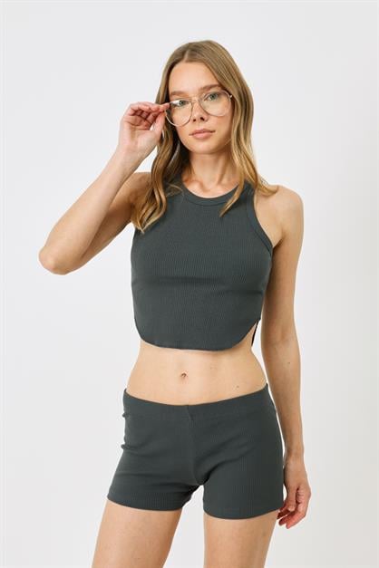 Womens Oval Ribbed Spaghetti Strap Crop Tank Top 920