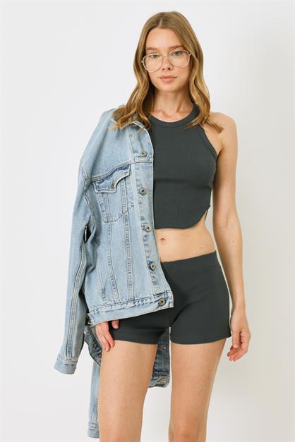 Womens Oval Ribbed Spaghetti Strap Crop Tank Top 920