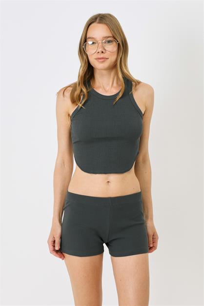 Womens Oval Ribbed Spaghetti Strap Crop Tank Top 920