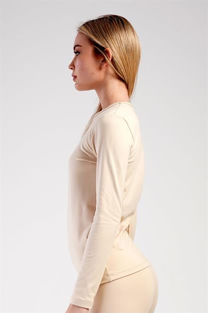 Kadın Uzun Kol Bisiklet Yaka Termal T-Shirt 409008 Bej