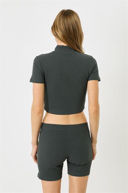 Womens Fitted Crew Neck Short Sleeve Ribbed Blouse 921