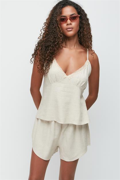 Linen Lace Detail Tank Top and Shorts Set 9146