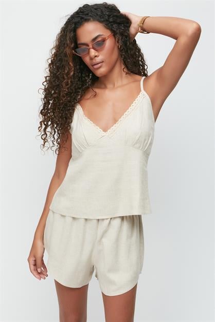 Linen Lace Detail Tank Top and Shorts Set 9146
