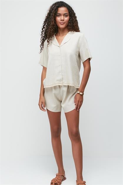 Linen Lace Detail Short Sleeve Shirt and Shorts Set 9145