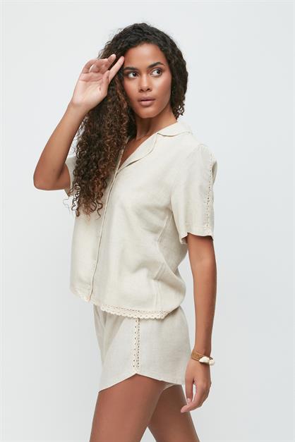 Linen Lace Detail Short Sleeve Shirt and Shorts Set 9145